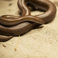 Desert Serpent: A coiled brown snake on sandy substrate, exuding mystery and danger, ideal for herpetology enthusiasts and educational content.
