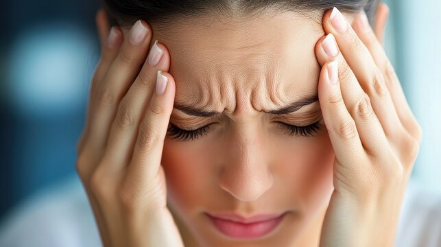 Close-up of an office worker pretending to have a headache. 