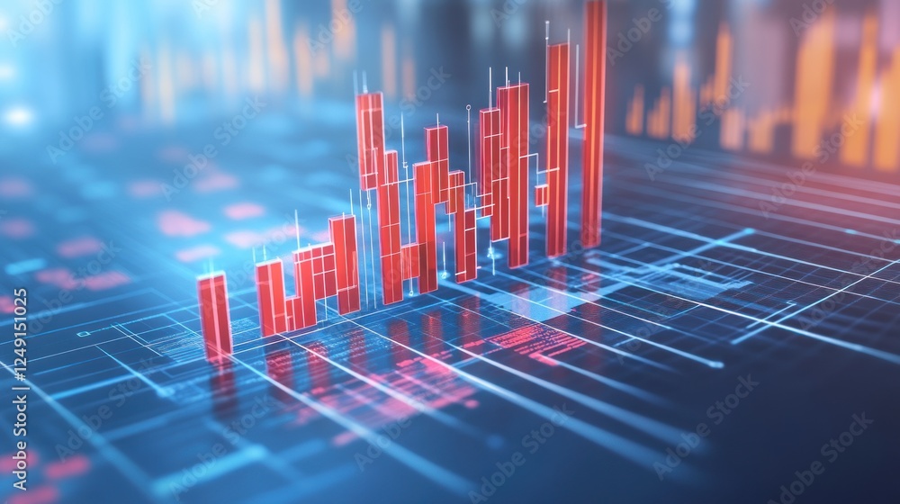 Poster 3D red bar graph on digital background showing market decline or loss.