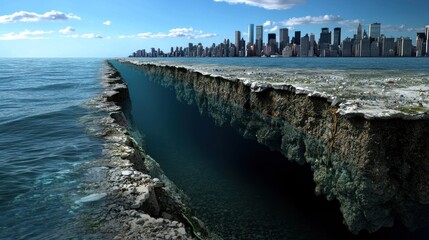 Fototapeta premium A surreal landscape featuring a vast ocean chasm beside a bustling city skyline under a clear sky