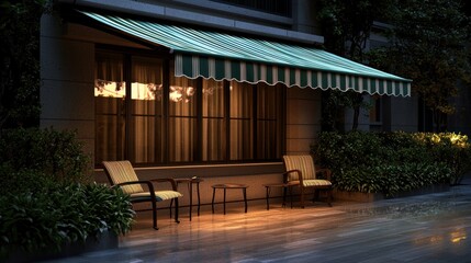 Cozy evening scene with illuminated patio furniture under a striped awning beside lush greenery
