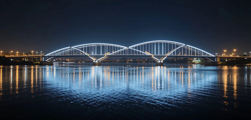Obraz premium A night-time view of Chennai’s Napier Bridge, beautifully lit with bright white lights. The reflection of the bridge arches creates a mesmerizing pattern on the calm waters below.