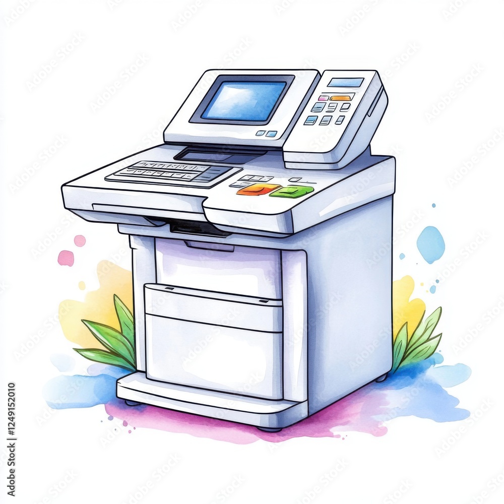 Poster illustration of a colorful modern multifunction printer with touchscreen display and user-friendly d