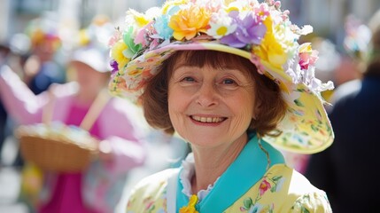 Fototapeta premium Elderly woman with a floral hat smiling at an outdoor Easter celebration