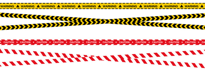 Caution warning tape set for industrial safety, roadwork, construction, and hazard zones. Vector illustration.