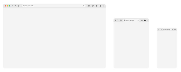 Browser mockups with website windows for desktop, laptop, tablet, and mobile screens. Empty internet template for responsive web design and UI presentation. transparent PNG and vector format.