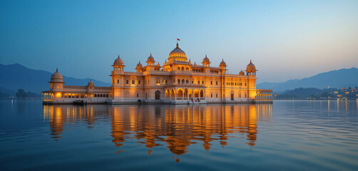 A dreamlike view of Udaipur’s Lake Palace, floating on the calm waters of Lake Pichola. The golden lights of the palace reflect perfectly on the still water, creating a magical night-time scene."