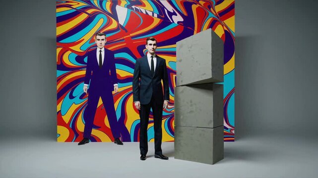 Confident businessman stands in a modern setting, juxtaposed against a colorful, abstract backdrop. Geometric concrete blocks add a contrasting element to the dynamic scene