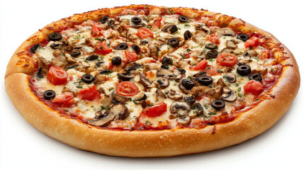 A delicious Italian pizza topped with mozzarella, tomatoes, olives, and mushrooms, showcasing a perfect blend of flavors