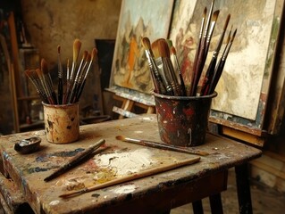 Artistic workspace filled with various paintbrushes and tools on a wooden table in an artist's studio