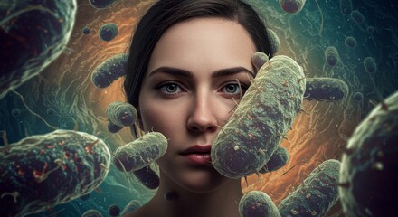 Woman's face covered obstructed and surrounded by Germs and Sickness, expressive illness health concept
