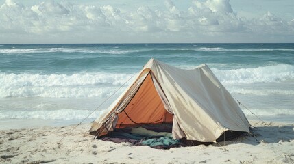 A beige tent pitched on a sandy beach near a turquoise ocean under a partly cloudy sky.