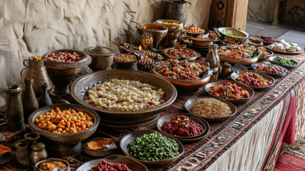 Fototapeta premium A delightful spread of traditional Arabic and Middle Eastern cuisine
