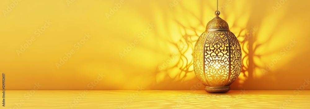 Poster illuminated moroccan lantern casting intricate shadows on a yellow background.