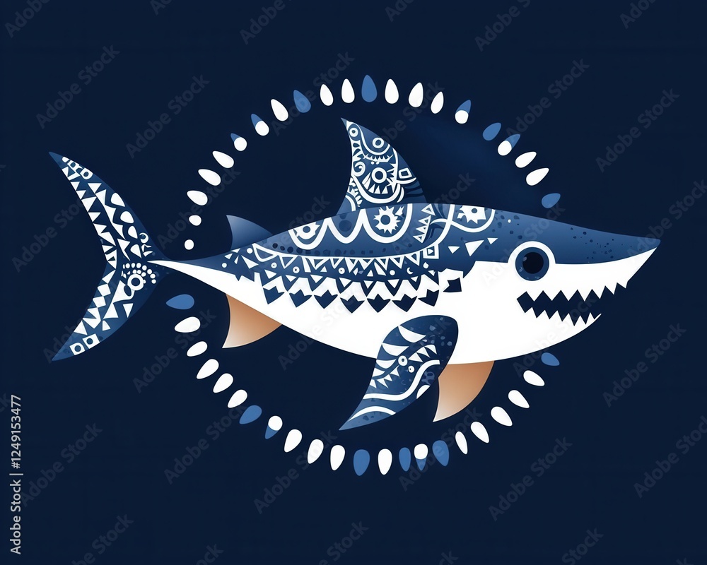 Poster shark drawn with intricate tribal patterns in a circular frame