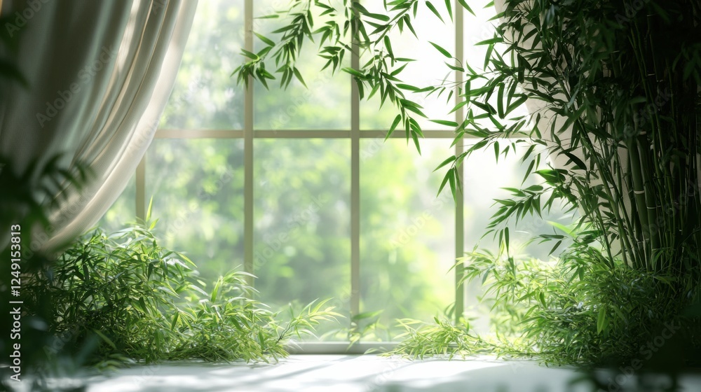 Poster serene bamboo-filled window view with soft curtains, sunlight filtering through foliage