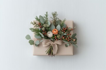 A beautifully wrapped beige gift box decorated with a floral arrangement of greenery, berries, and flowers, tied with a soft ribbon.  
