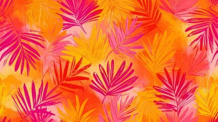 Vibrant Tropical Leaves Pattern in Bright Pink and Orange Hues