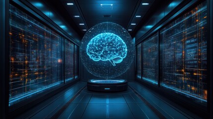 Holographic brain in futuristic server room.