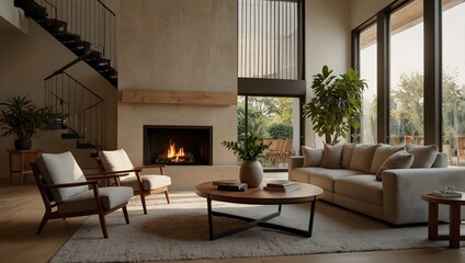 Fototapeta premium Bright modern living room with fireplace, large windows, neutral furniture, natural light, and greenery