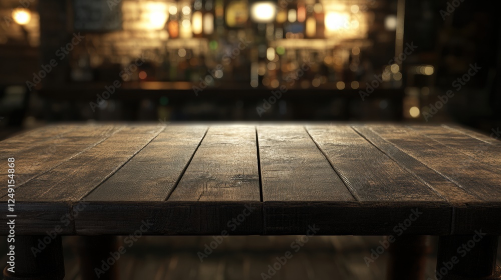 Poster dark wooden table presenting empty space for product placement in a blurred bar interior