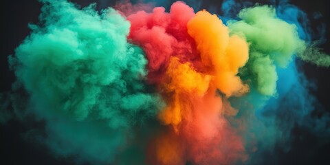 Vibrant Colorful Smoke Blowing in the Air Against a Dark Background with Hints of Red, Green, Blue, and Orange for Artistic Effects or Creative Projects