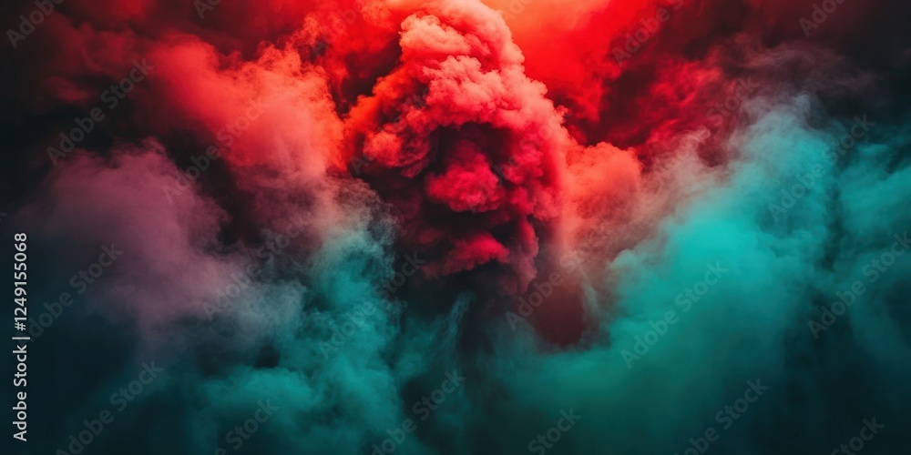 Poster dramatic red and blue smoke clouds in a dark background creating an ethereal atmosphere with vibrant