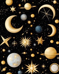 Naklejka premium Seamless pattern of astrological symbols and constellations in metallic gold on black