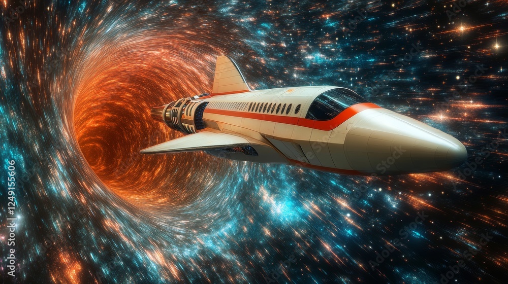 Poster exploration of space and time through a colorful wormhole with a sleek spaceship traveling at high s