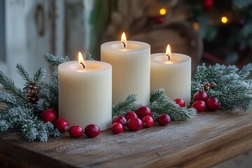 winter solstice still life with pine branches cranberries and white candles on rustic wooden table with soft window light