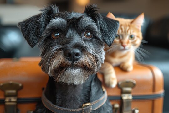 A lighthearted travel idea showcases a dog and cat perched atop a suitcase, symbolizing the joy of life with pets and the exciting escapades of globetrotters