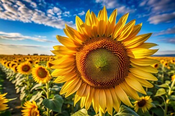Naklejka premium Ripe Sunflower Head Close-up, Field of Sunflowers, Blue Sky, Seeds, Agriculture