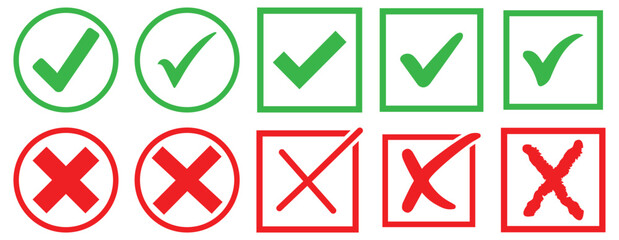 Green check mark icon and red cross icon set. Circle and square. Tick 
symbol in green color, vector illustration. 