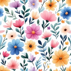Obraz premium Beautiful colorful floral pattern featuring various flowers and leaves on a white background