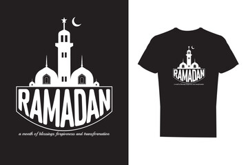 Ramadan a month of blessings, forgiveness and transformation, ramadan t-shirt design with mosque, moon illustrations

