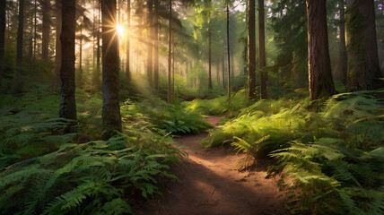 Obraz premium Sunlit in a forest before sunset end of summer