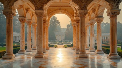 Serene marble columns in a sunlit garden with lush greenery and tranquil fountains