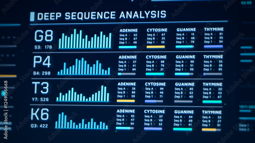 Poster dna helix analysis visualization data, genome sequence ui screen, futuristic genetic engineering lab