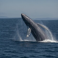 Fototapeta premium A Humpback Whale Breaches the Surface of the Ocean During a Sunny Day in the Pacific humpback tail Ballenas en Puerto Piramides whale jumping in water