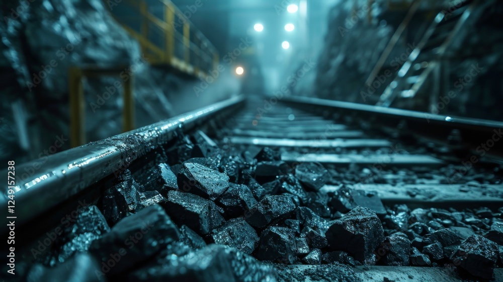 Aufkleber coal dust covers the railway track leading into a dark tunnel where mining activities continue. the 