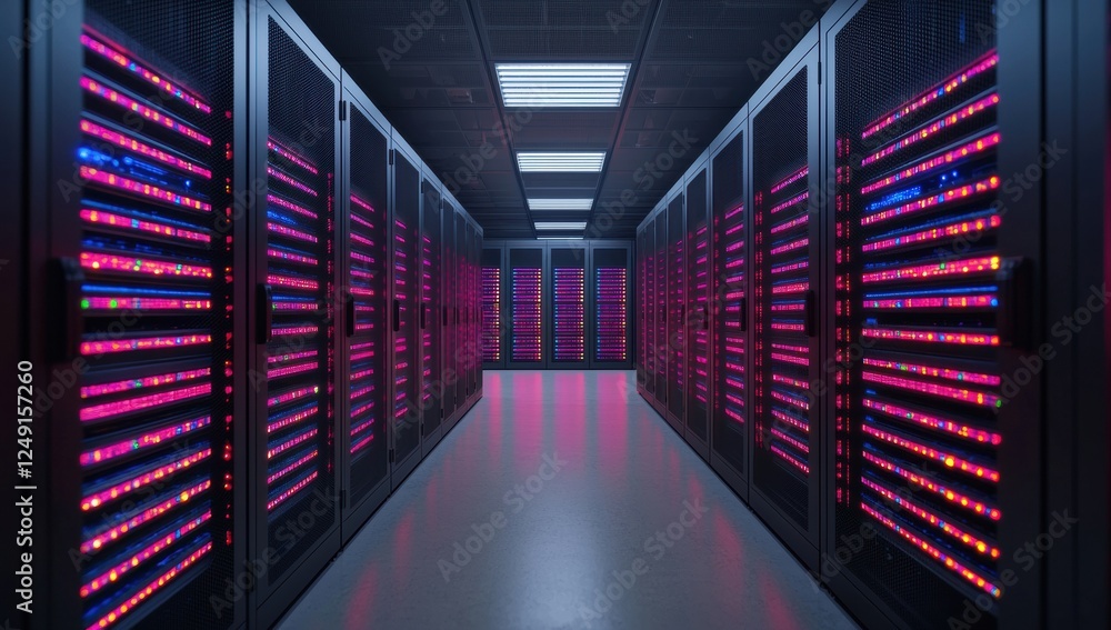 Poster Server room hosting big data with flashing lights illuminating corridor