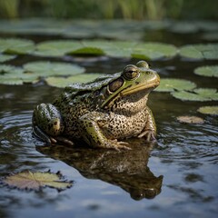 Fototapeta premium Gentle Watch: Marsh Frog Resting Beside Tadpoles in Tranquil Shallow Pool Zoom in on the delicate webbed feet of a frog. Eungella Torrent Frog in Its Colorful Habitat Hopping Over a Stream