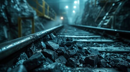 Coal dust covers the railway track leading into a dark tunnel where mining activities continue. The atmosphere is thick with moisture and low light enhances the industrial environment.