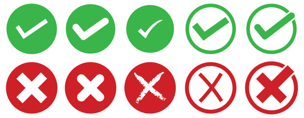 Green check mark icon and red cross icon set. Circle and square. Tick 
symbol in green color, vector illustration. 