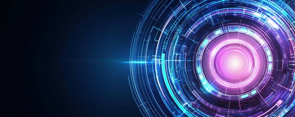 Fototapeta premium A futuristic, abstract design featuring concentric circles and a glowing center, blending shades of blue and purple against a dark background.