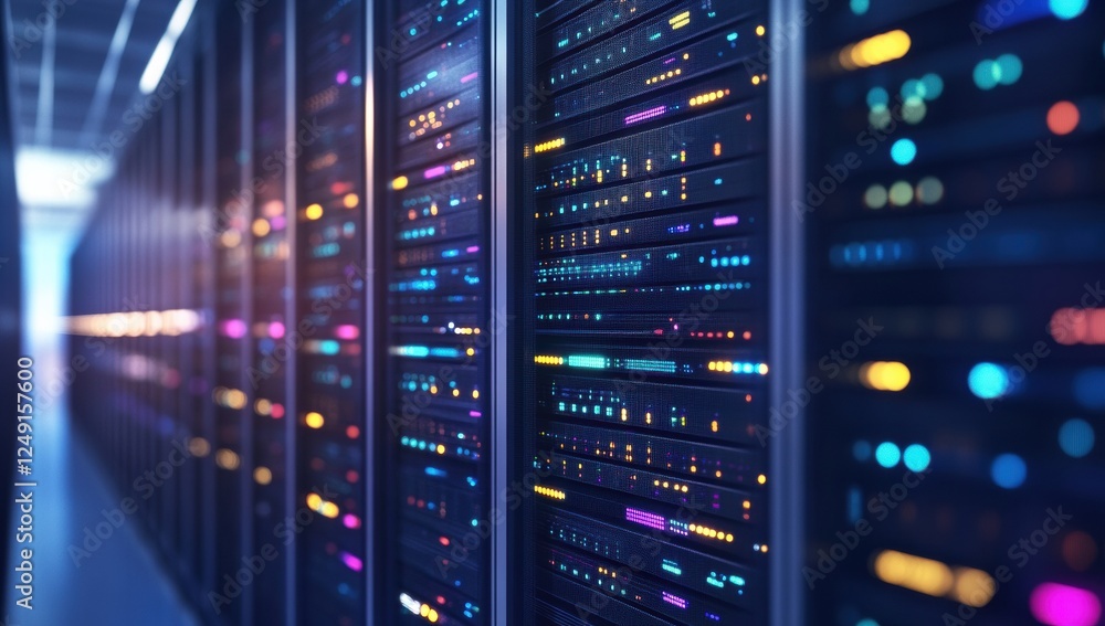 Poster server room hosting big data with colorful led lights blinking