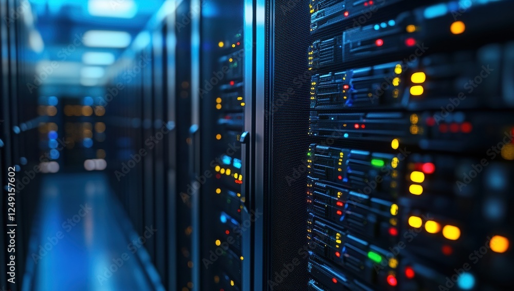 Poster Server room hosting multiple servers and hard drives with flashing lights