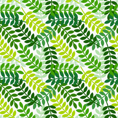 Green leaves seamless pattern. Natural leaf wallpaper. Surface pattern design. Vector illustration.
