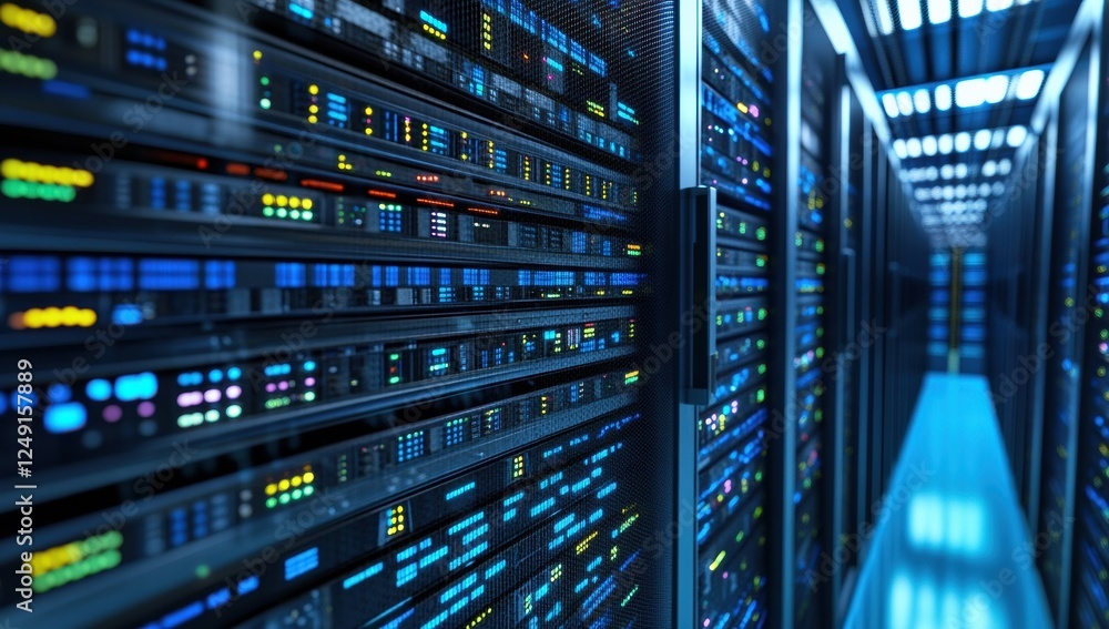 Poster server room with flashing lights illuminating data center cabinets