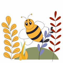 Adorable Cartoon Bee Illustration, Yellow & Black Stripes, Floral Background.